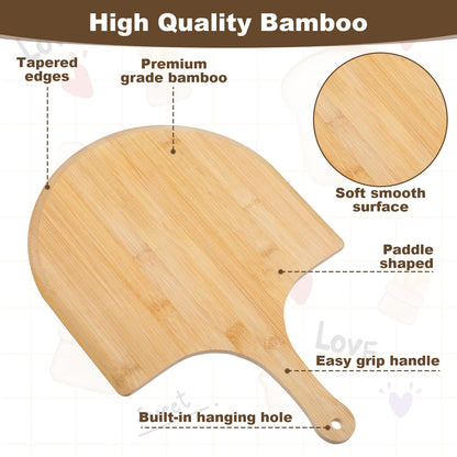 Afcabakila 2 Pcs Bamboo Pizza Paddle, 12 Inch Wooden Pizza Peel with Non-slip Handle for Oven Baking, Serving Board for Baking Homemade, Wood Cutting Board for Cheese Bread Fruit Vegetables