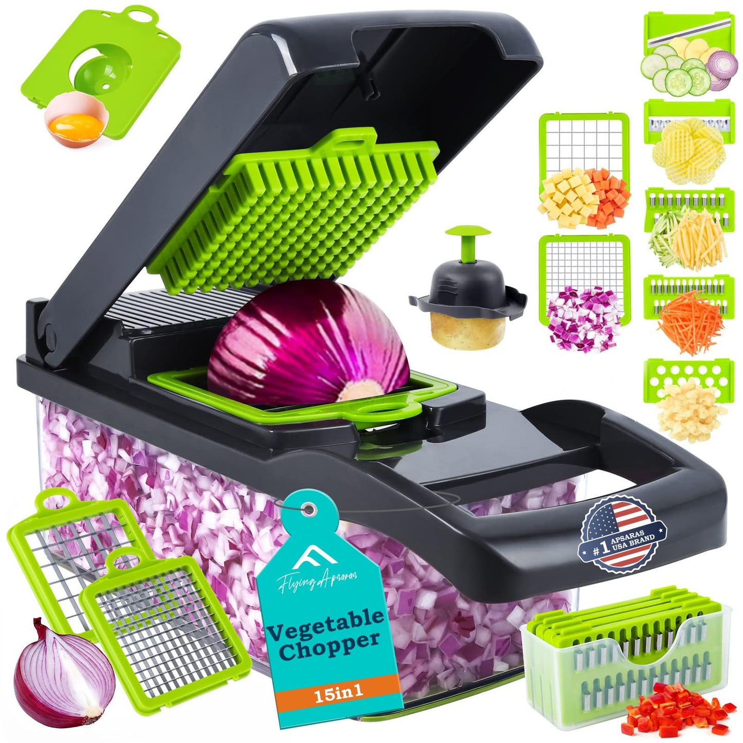 APSARAS USA Pro 15 in1 Vegetable Chopper, Food Chopper with Container, Veggie Cutter & Spiralizer for Onion Salad, Slicer&Spiralizer(Home Essential Gadget&Kitchen) 1.5L