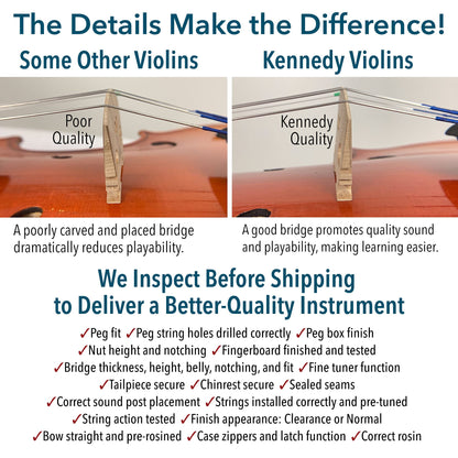 Bunnel Pupil Violin Outfit 4/4 Full Size Clearance By Kennedy Violins - Carrying Case and Accessories Included - Solid Maple Wood and Ebony Fittings RB300