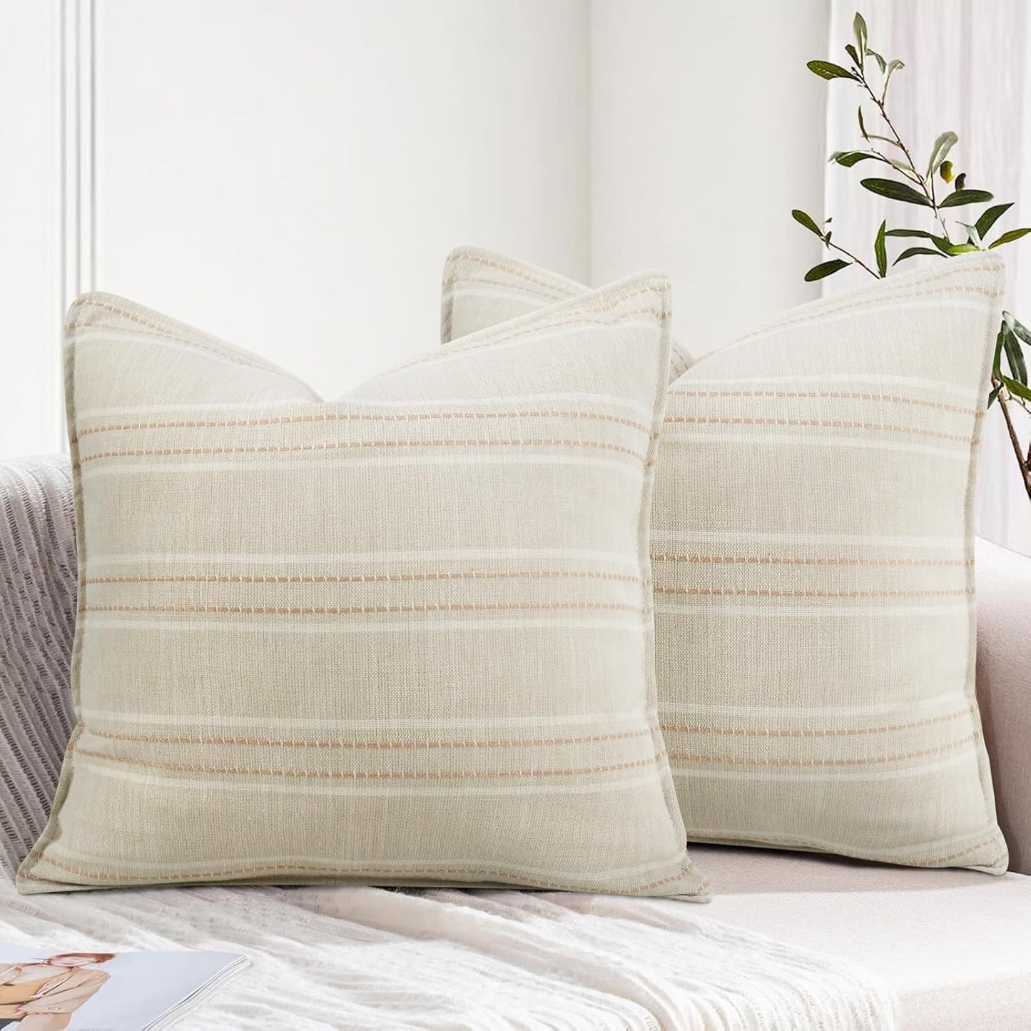 18X18 Set 2 Decorative Farmhouse Linen Throw Pillow Covers, Boho Textured Pillow Case of ,Beige with White & Brown