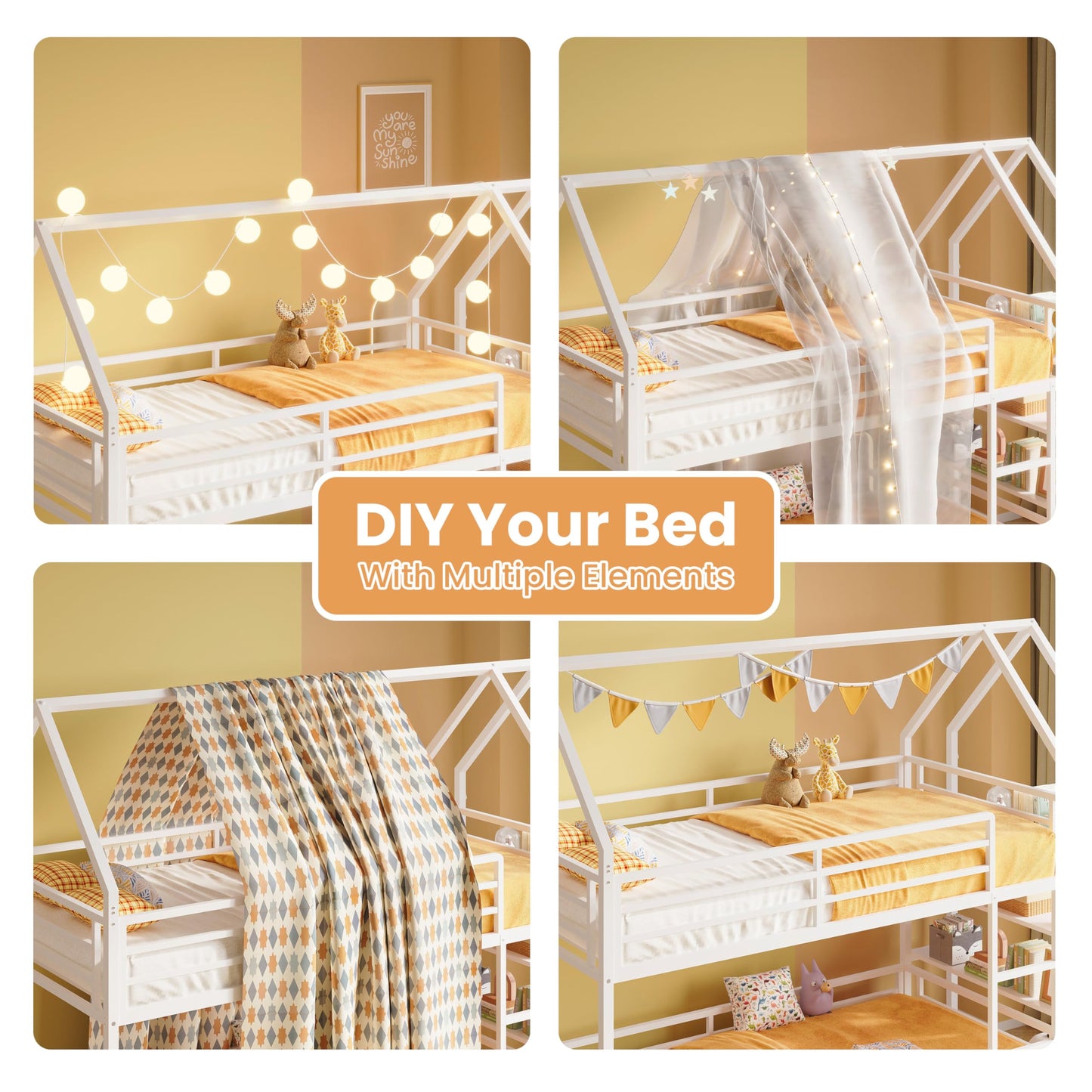 LIKIMIO Bunk Bed Twin Over Twin, Twin Bunk Beds Frame with 3-Tier Storage Bookshelf, Metal Twin House Bed Ladder and Safety Guardrail, Space Saving for Apartment or Dorm, No Box Spring Needed, White