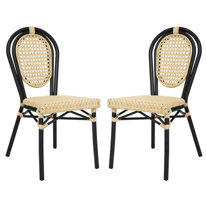 Flash Furniture Cannes Indoor/Outdoor Commercial Thonet Bistro Stack Chair - Natural PE Cane Rattan Back and Seat - Black Metal Frame - Set of 2