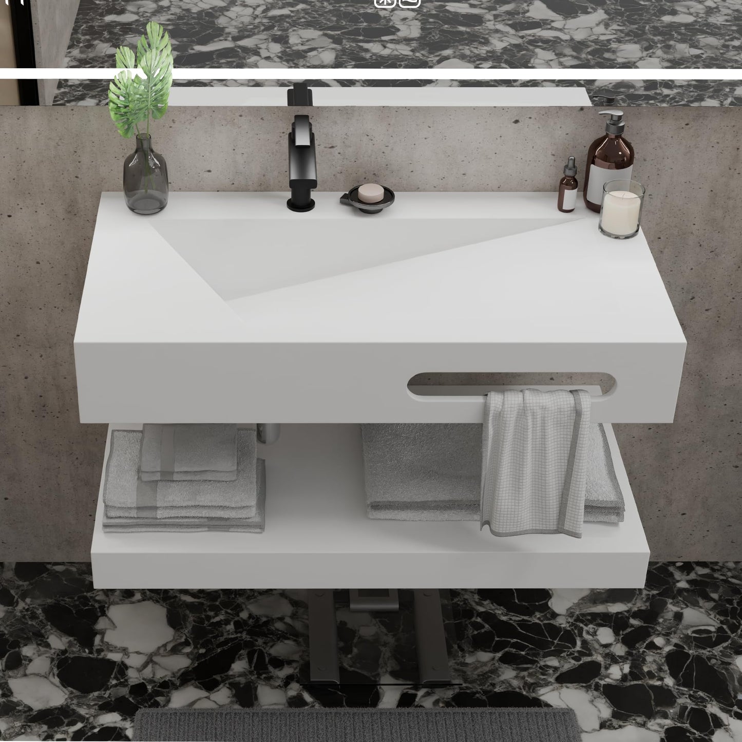 QJ&XY Resin Bathroom Sink 32" Wall Mounted V-Shaped White Basin with Towel Rack, Floating Vanity Sink in Soft-Touch Finish (Double Tier)