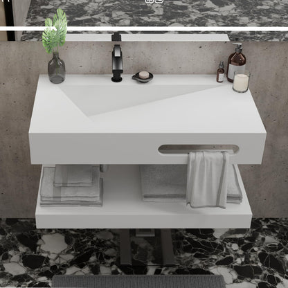 QJ&XY Resin Bathroom Sink 32" Wall Mounted V-Shaped White Basin with Towel Rack, Floating Vanity Sink in Soft-Touch Finish (Double Tier)