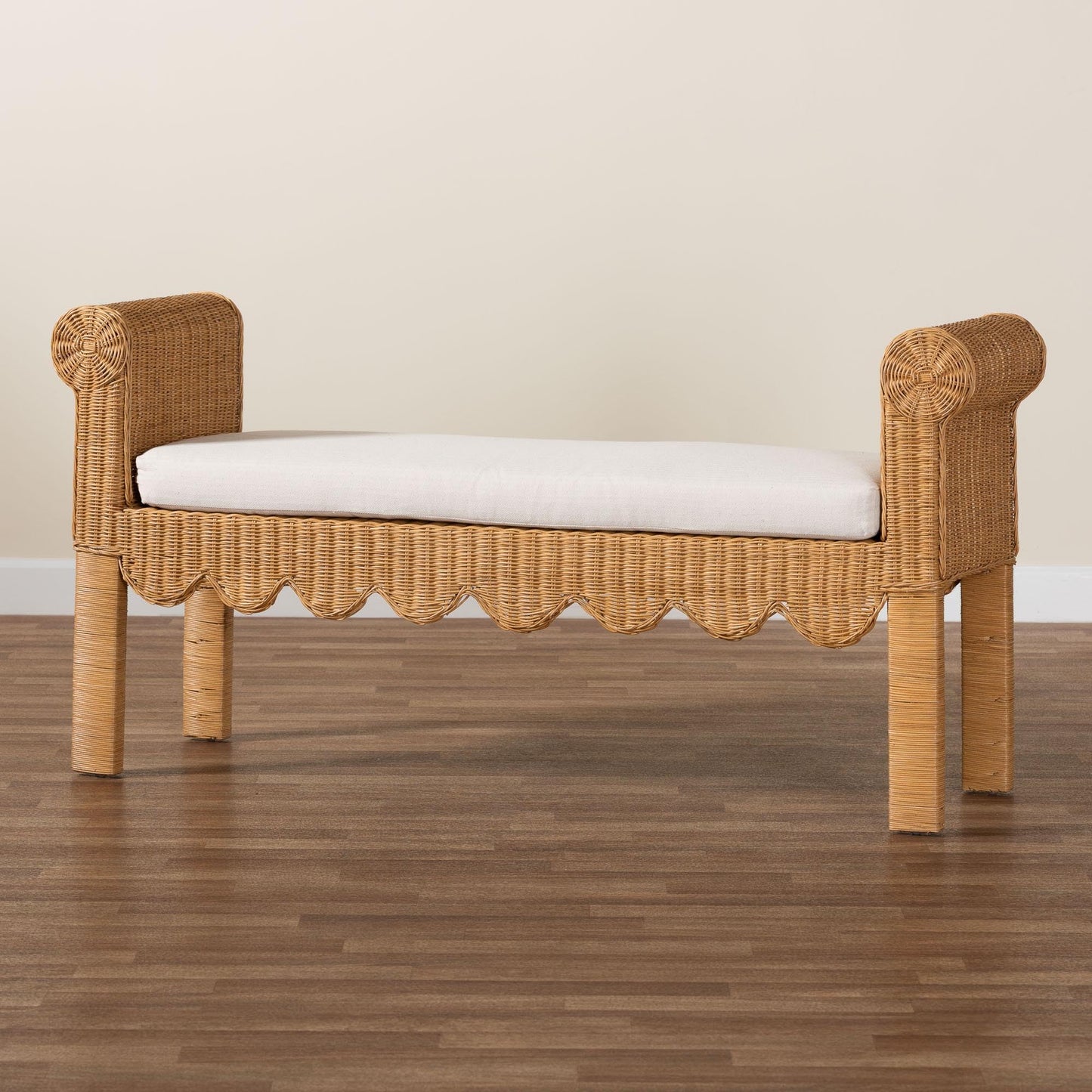 Bali & pari Reiko Handwoven Natural Rattan Bench with Scalloped Detailing – Boho Farmhouse Entryway, Bedroom, or Living Room Accent Seating