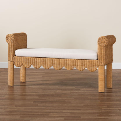 Bali & pari Reiko Handwoven Natural Rattan Bench with Scalloped Detailing – Boho Farmhouse Entryway, Bedroom, or Living Room Accent Seating