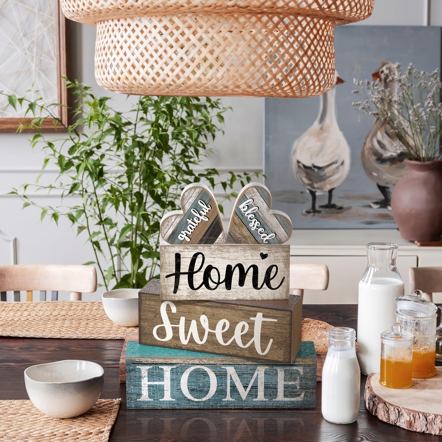 CroBlissful 4 Pcs Farmhouse Wooden Tabletop Decor Sweet Home Tiered Tray Decor Rustic Heart Shaped Centerpiece Farmhouse Block Sign Housewarming Gifts for Home Kitchen Table Shelf Mantel Decoration