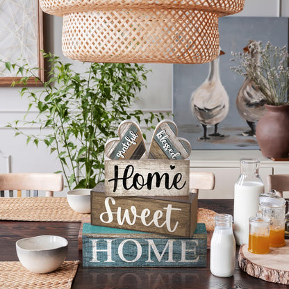 CroBlissful 4 Pcs Farmhouse Wooden Tabletop Decor Sweet Home Tiered Tray Decor Rustic Heart Shaped Centerpiece Farmhouse Block Sign Housewarming Gifts for Home Kitchen Table Shelf Mantel Decoration