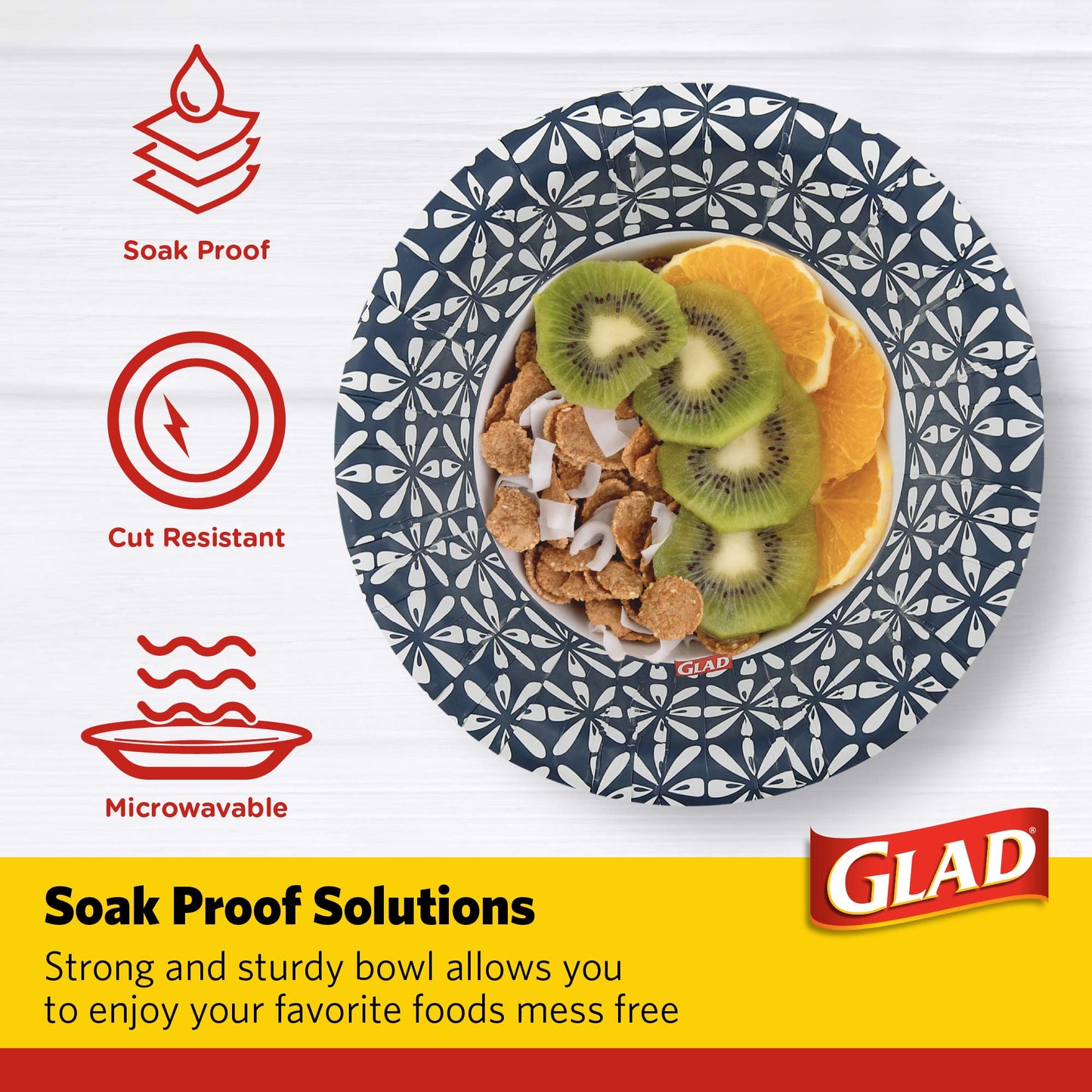 Glad Round Disposable Paper Bowls, Blue Mosaic Design - Heavy Duty, Soak-Proof, Cut-Resistant, Microwavable Paper Bowls for All Foods, Daily Use, and Special Occasions, 16 oz, 50 Count - 6 Pack