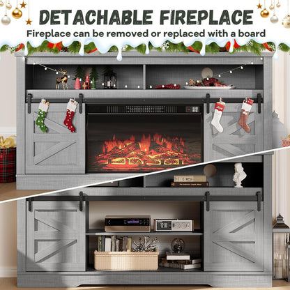 YESHOMY Fireplace TV Stand for Television up to 65+ Inch with Storage and Farmhouse Sliding Barn Doors, Entertainment Center with Cabinet and Shelves, Media Console for Living Room,Gray