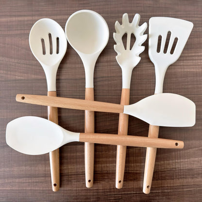 IOCBYHZ Kitchen Cooking Utensils Set 6Pcs Non-Stick Silicone Kitchen Utensils Spatula Spoon Turner Ladle Pasta Server, Heat Resistant Wooden Handle Silicone Cooking Gadgets Sets for Cookware & Baking