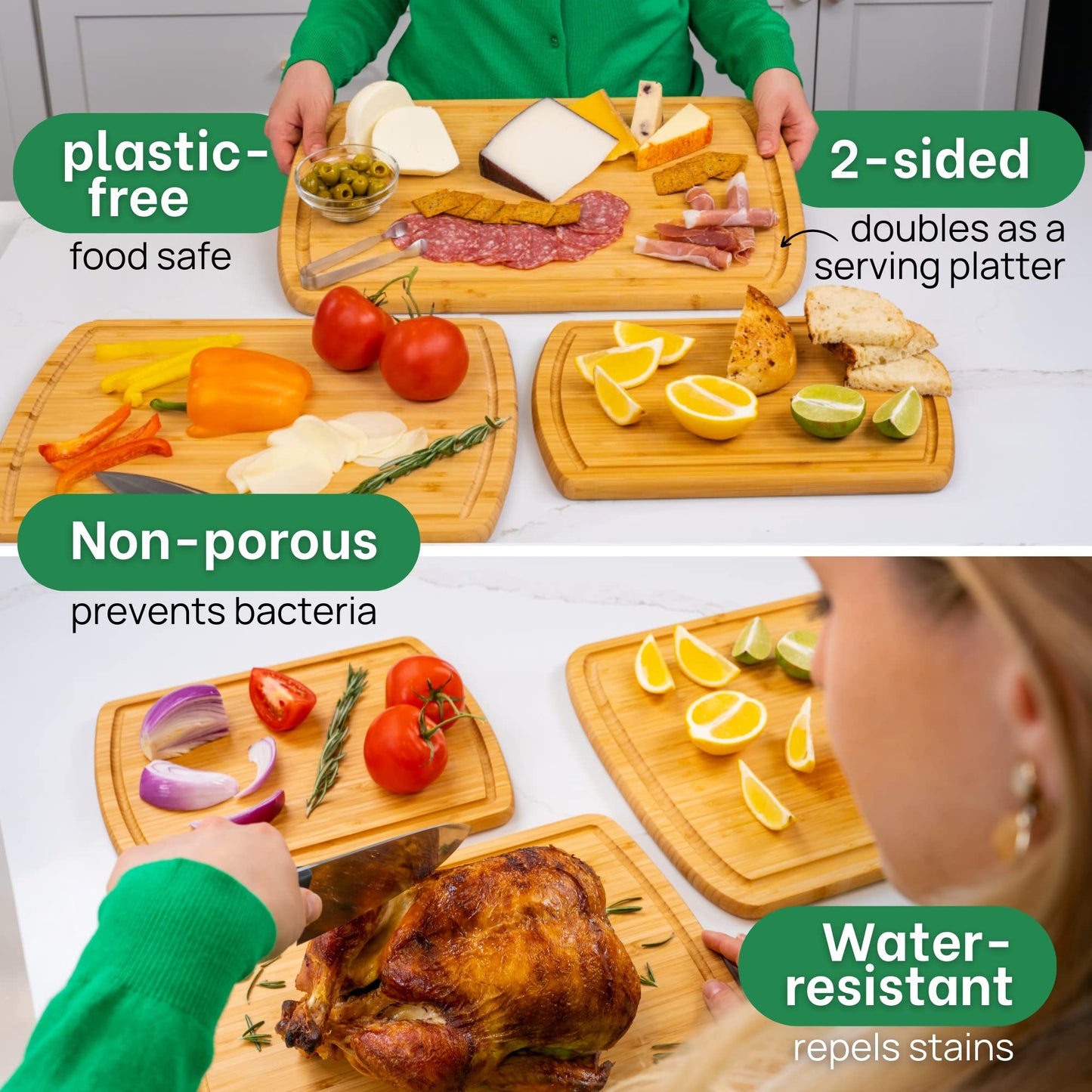Greener Chef Luxury Wood Cutting Board 3-Piece Set with Vertical Grain Strength Technology - Extra Large Bamboo Cutting Boards for Kitchen with Deep Juice Grooves for Chopping - Lifetime Replacements