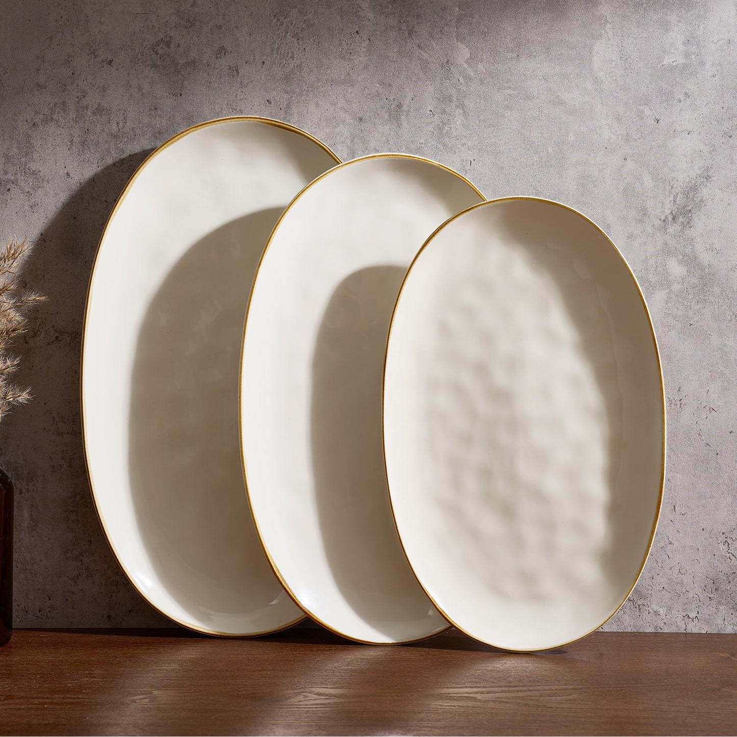 famiware Serving Platter, Oval 15.59/14.3/12.9inch Serving Dishes for Entertaining, Serving Bowls, Microwave Safe, Stoneware Serving Trays for Party, Food, Turkey, Cheese, Ocean Series, Vanilla White