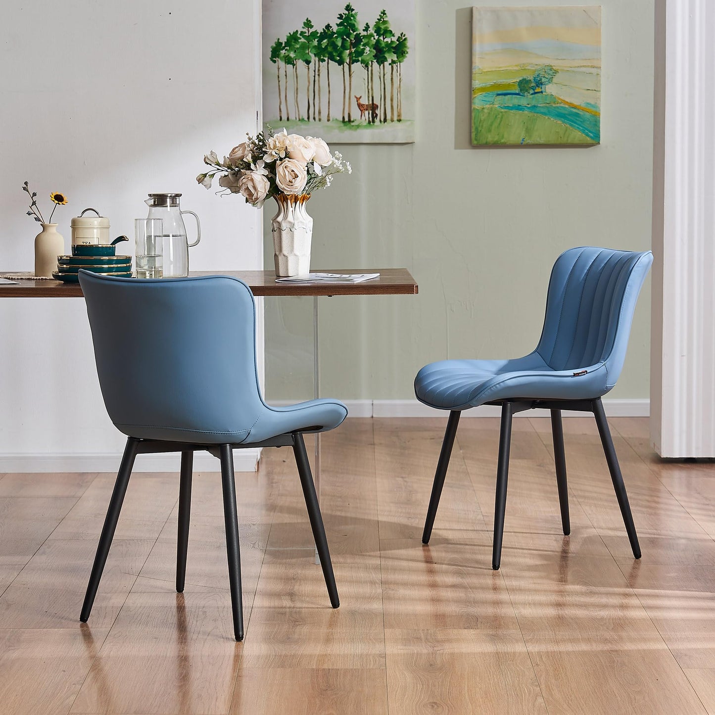 YOUNUOKE Mid-Century Modern Dining Chairs Set of 2, Blue PU Leather Upholstered Kitchen Chairs with Black Metal Legs, Armless Accent Chair for Dining Room, Guest Reception Room