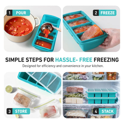 Silicone Freezer Tray With Lid Soup Freezer Container Molds with Steel Reinforced Rim Ice Cube Freezer Molds for Soup, Sauce, Leftovers, Homemade Meal Prep Containers Portion Control Food Storage