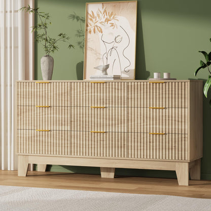 Garvee 9 Drawer Dresser for Bedroom, 59" Wide Fluted Chest of Drawers with Metal Handle, Modern Wooden Dresser TV Stand, Clothes Storage Organizer Wood Closet for Hallway, Entryway, Natural Oak