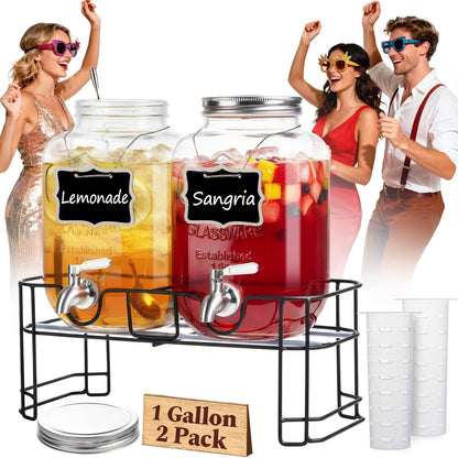 1 2 Pack 18/10 KIKCOIN Gallon Glass Drink Dispensers for Parties, Leakproof Beverage Dispenser with Stand & Stainless