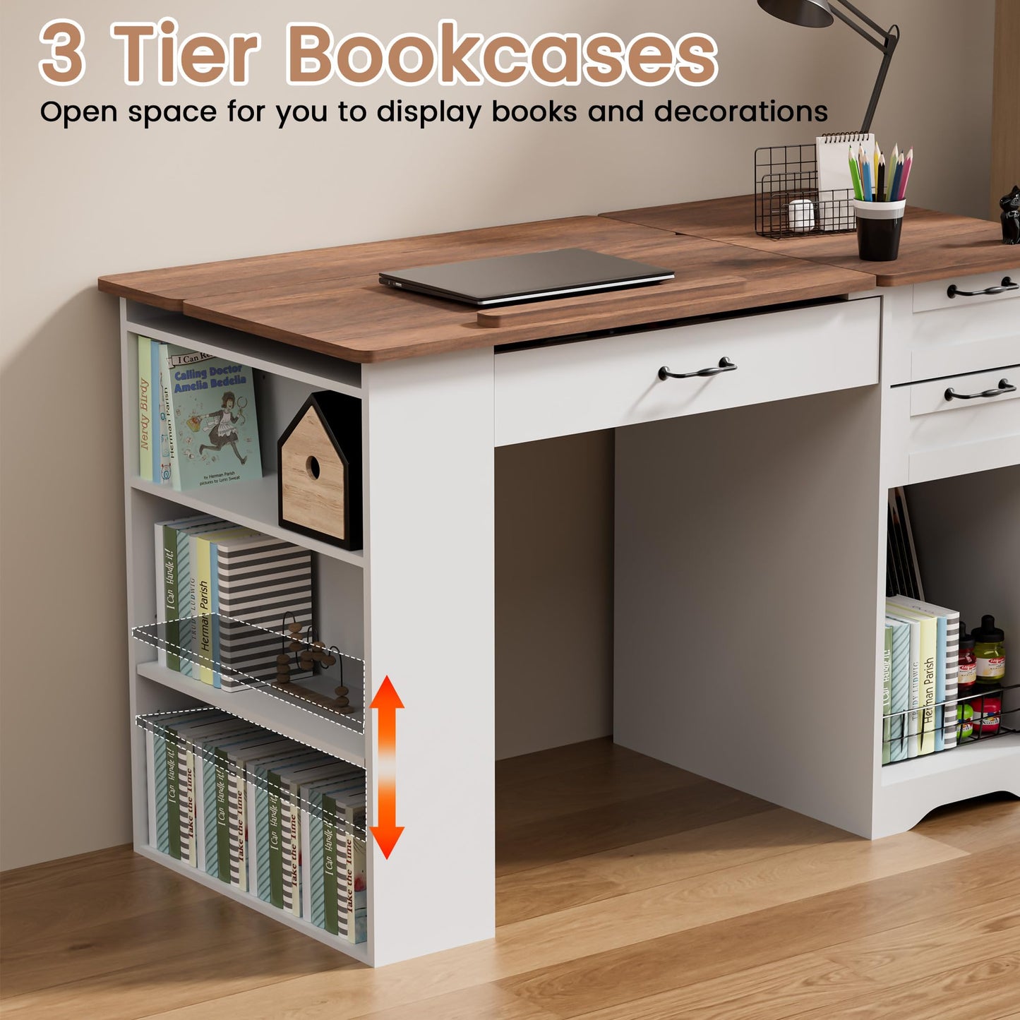 Smilets Crafting Table with Storage Cabinet & Drawers, Adjustable Drafting Table with Open Shelves, Drawing Computer Desk, Painting Desk, Workstation for Home Office Reading, Writing, Craftin