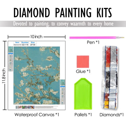 FUHYGU Diamond Painting Kit 9.8x11.8 Inches – Almond Blossom Inspired Painting, DIY Full Drill Diamond Art Kit for Adults, Classic Art Floral Wall Decor