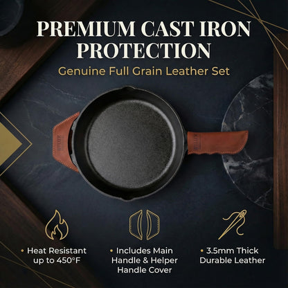 Proudly Made in Georgia from Full Grain Leather - Leather Cast Iron Handle Cover, Set of 2 - Heat Resistant Cast Iron Handle Sleeve for Skillets - Pot Holder for Hot Frying Pans, Pots