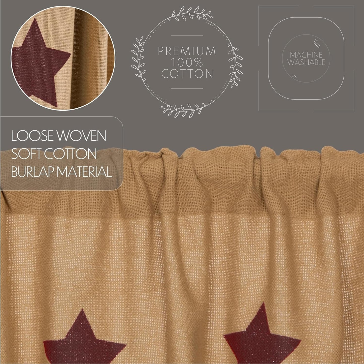 Burlap Natural with Burgundy Stars Primitive 16"x72" Valance, Stenciled Cotton Kitchen Window Curtains