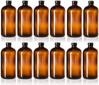 kitchentoolz 32oz Amber Glass Boston Round Bottles with Poly Cone Caps – 12 Pack Leak-Proof Bottles for Brewing, Storage, and DIY Projects