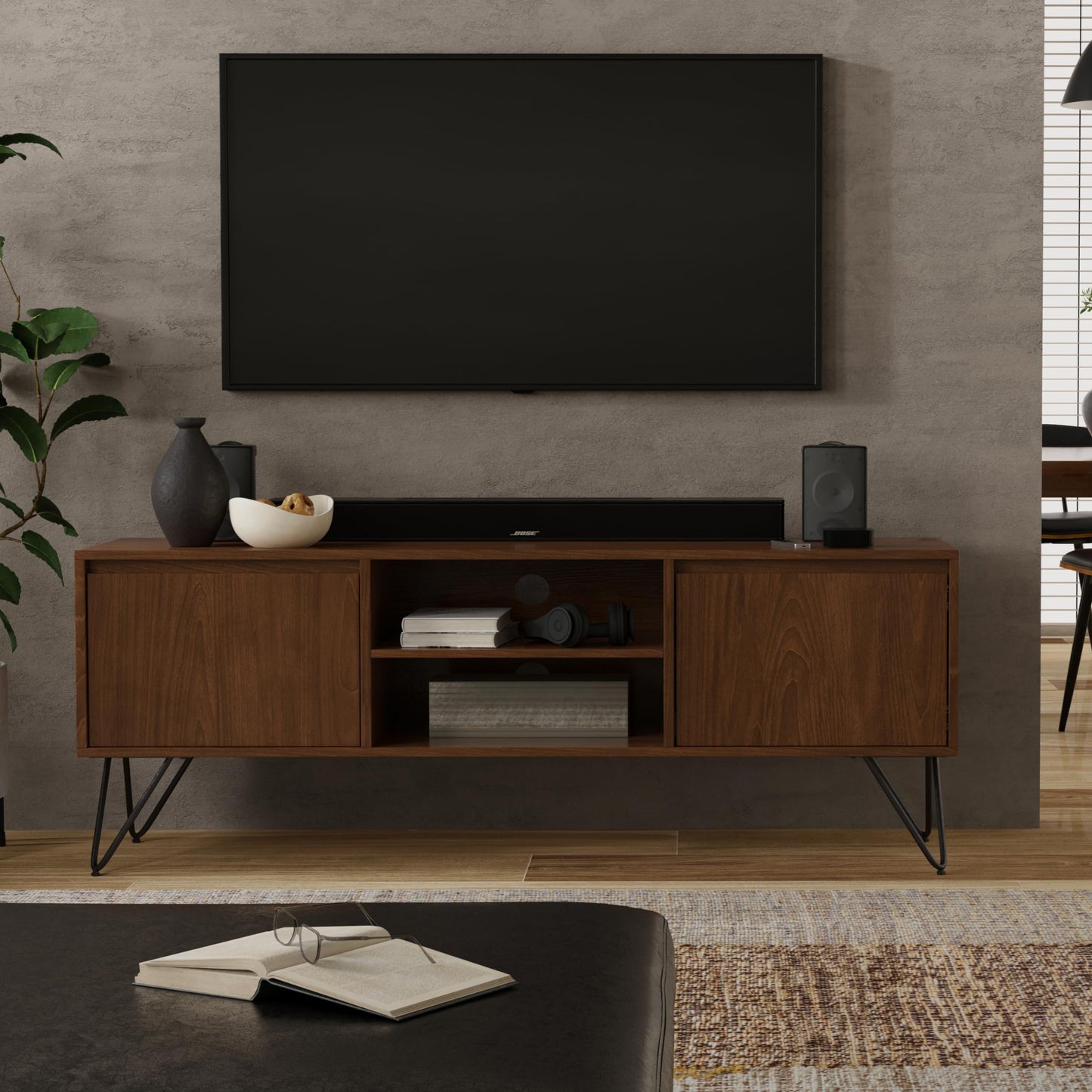 SIMPLIHOME Hunter 60 inch Wide Industrial TV Media Stand in WALNUT WOOD For TVs up to 65 inches for the Living Room and Entertainment Center
