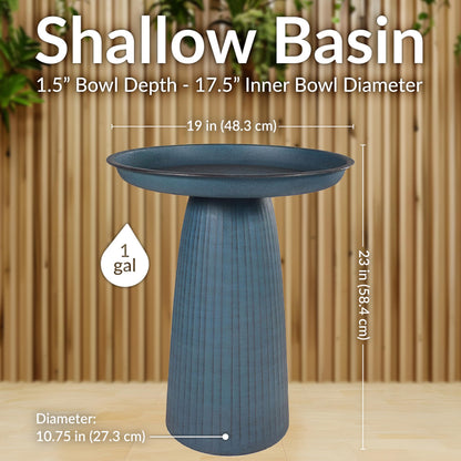 Sunnydaze Gleeful Garden 23" Iron Pedestal Bird Bath for Outside - Modern Shallow Basin Birdbath for Outdoors with UV-Protected Rust-Resistant Finish for Patio, Garden, Yard Decor - Matte Blue