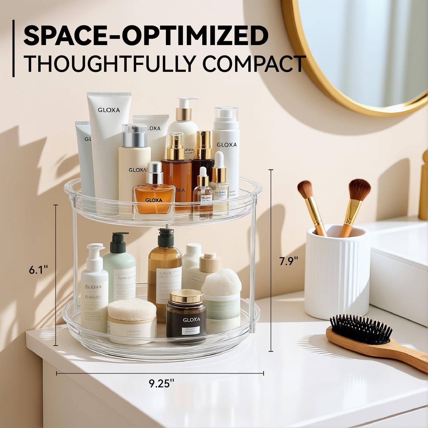 GLOXA 2 Tier Lazy Susan Turntable Organizer for Cabinet, 9.25'' Rotating Spice Rack Organization for Kitchen, Pantry, Bathroom, Vanity, Countertop, Medicine Storage, Seasoning Spice Organizer, 1 Pack