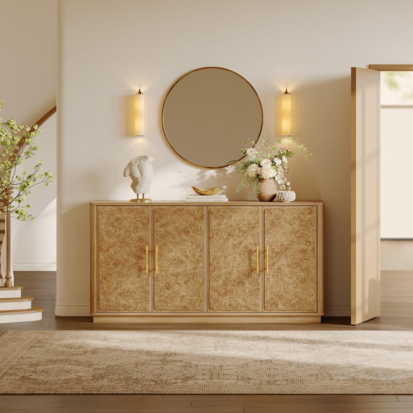 SICOTAS Buffet Cabinet with Storage - Burluxe 59" Sideboard Cabinet with 4 Doors Luxury Burl Storage Cabinet Accent Credenza Large Media Console Table for Living Room Dining Room Entryway Kitchen