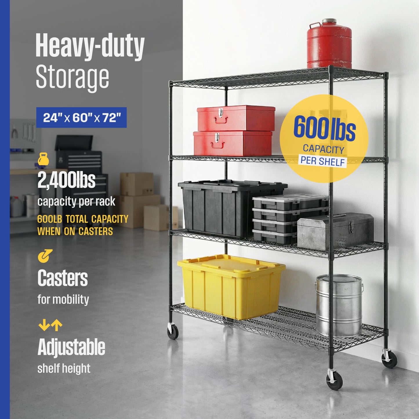 SafeRacks - NSF Certified Storage Shelves, Zinc, Heavy Duty Steel Wire Unit with Wheels and Adjustable Feet, Garage or Bakers Rack, Kitchen, Pantry Shelf - (24"x60"x72" 4-Tier) (Black)