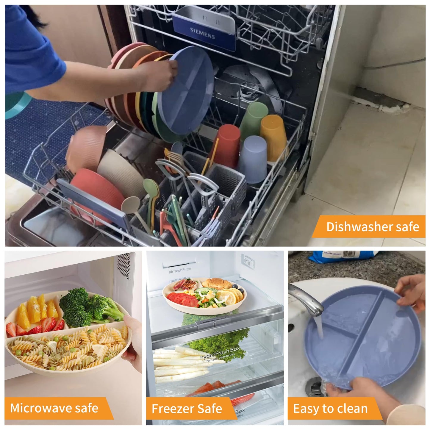 becutlery 9" Unbreakable Divided Plates (8 PCS). Microwave & Dishwasher Safe! For kids & adults. Wheat straw, BPA - free. Portion control for health/weight loss. 3 -compartment, durable & smooth.