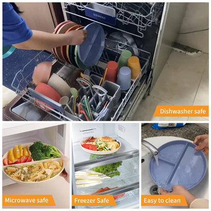 becutlery 9" Unbreakable Divided Plates (8 PCS). Microwave & Dishwasher Safe! For kids & adults. Wheat straw, BPA - free. Portion control for health/weight loss. 3 -compartment, durable & smooth.