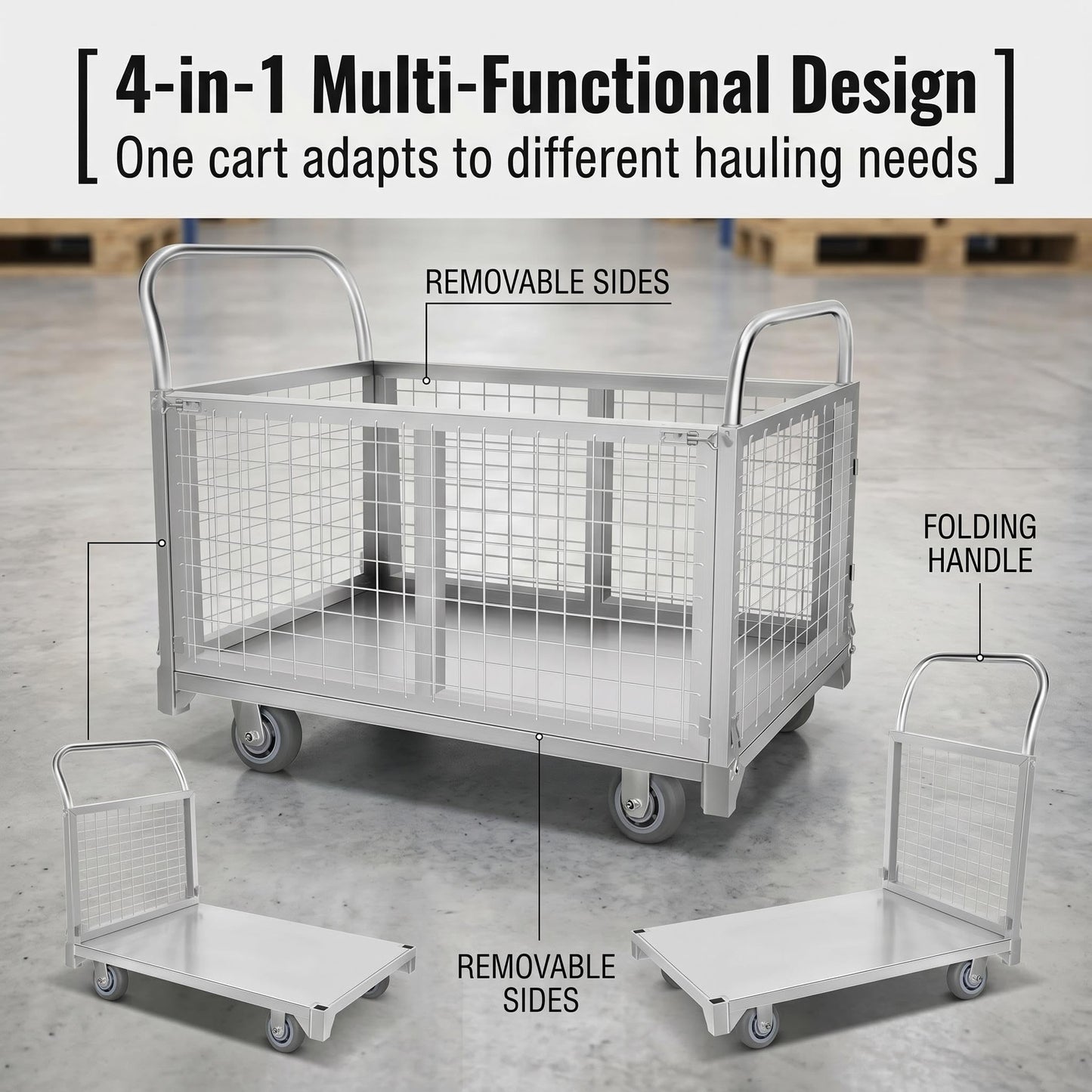 4-in-1 Platform Truck Cart with Cage, Heavy Duty Foldable Flatbed Push Cart with Swivel Casters, 2200 LBS Steel Load Capacity for Warehouse Commercial Industrial Cargo Storage & Transport