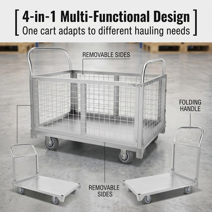 4-in-1 Platform Truck Cart with Cage, Heavy Duty Foldable Flatbed Push Cart with Swivel Casters, 2200 LBS Steel Load Capacity for Warehouse Commercial Industrial Cargo Storage & Transport