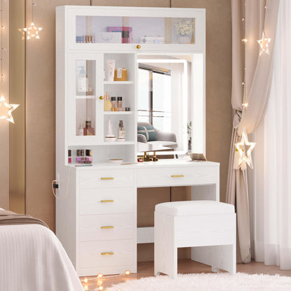 IRONCK Vanity Desk with Lighted Mirror and 5 Drawers and Cabinet Shelves, 74.4" Height Makeup Table Set with Stool, Large Storage and Space Saving, White