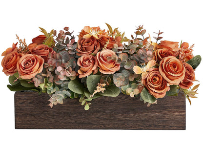 Dahey Centerpiece Table Decorations for Dining Room Farmhouse Living Room Fall Table Centerpieces Decor Wood Tray with 3 Artificial Flowers and 2 Eucalyptus for Kitchen Table, Orange
