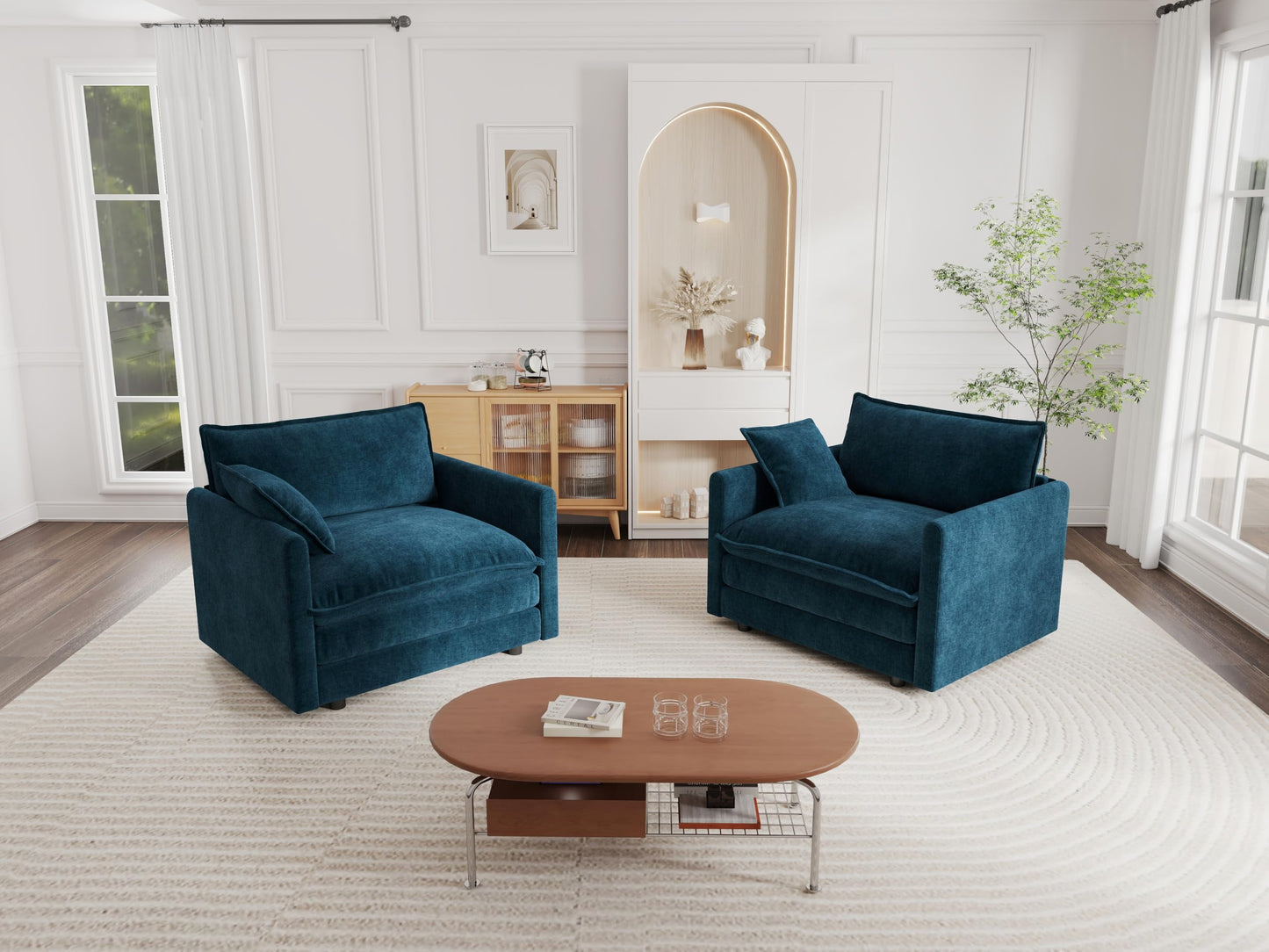 KEIKI 2-Piece Sofa Set with 2 Oversized Chenille Single Sofa, Upholstered Modern Style 2-Seater Lounge Accent Chair Set with 2 Pillow, High-Density Foam Cushions, for Apartment, Living Room, Blue
