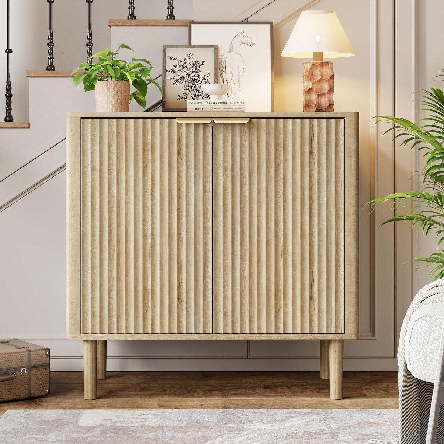 Sideboard Buffet Cabinet with Storage, Modern Fluted Accent Credenza with Doors & Adjustable Shelves, Wood Coffee Bar Console Table for Living Room, Dining Room, Kitchen or Entryway 31.5"(2pcs)Oak