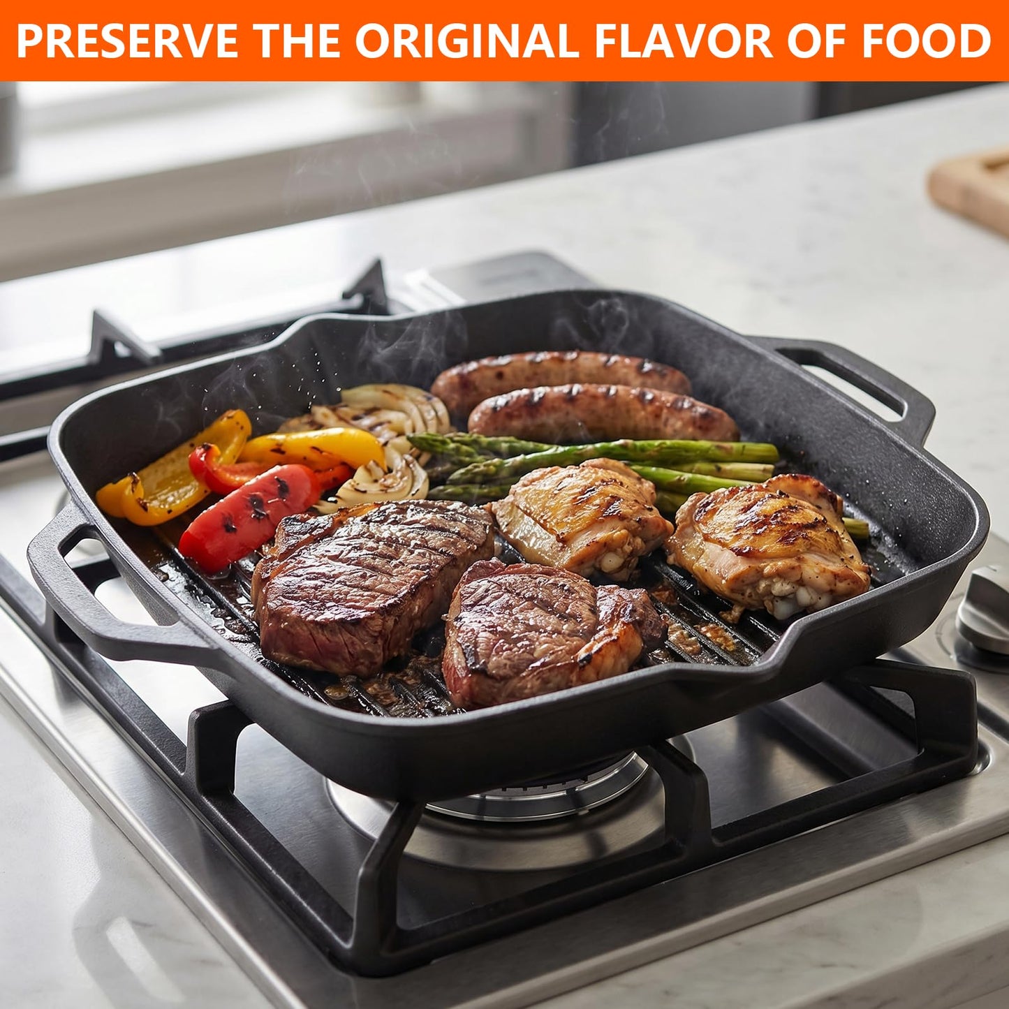 11" Cast Iron Square Grill Pan, Pre-Seasoned Griddle with Handles, Heavy Duty Skillet Griddle Replacement Part for Stovetop, BBQ & Campfire, Indoor & Outdoor Cooking