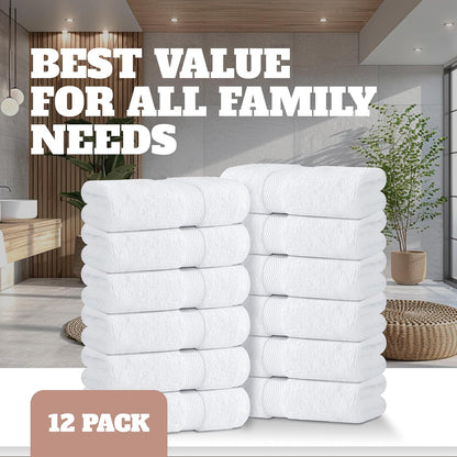 12 Pack 600 100% 12x12 Inches Wealuxe White Washcloths - GSM Ring-Spun Cotton Wash Cloths for Showering, Highly