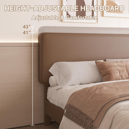 Lcwtvgxr King Size Leather Platform Bed Frame with Adjustable Upholstered Headboard, Solid Wooden Legs, No Box Spring Needed, Easy Assembly, Noise Free, Brown