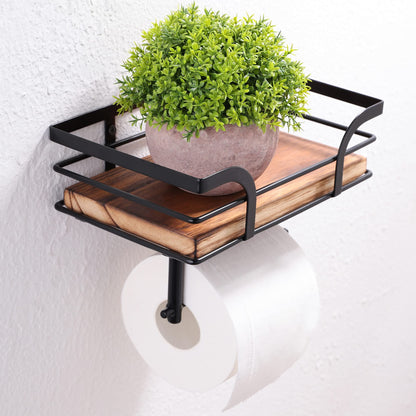 AIDILI Rustic Farmhouse Toilet Paper Holder with Shelf - Farmhouse Bathroom Rustic Country Decor - Rustic Bathroom Accessories with Warm Brown Wood Shelf for Wipes&Cell Phone&Reading, Black Metal
