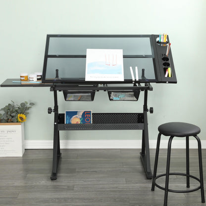 Gecheer Professional Black Drafting Table with Adjustable Tempered Glass Tilting Top 75° Angle and Storage Drawers Chair Included