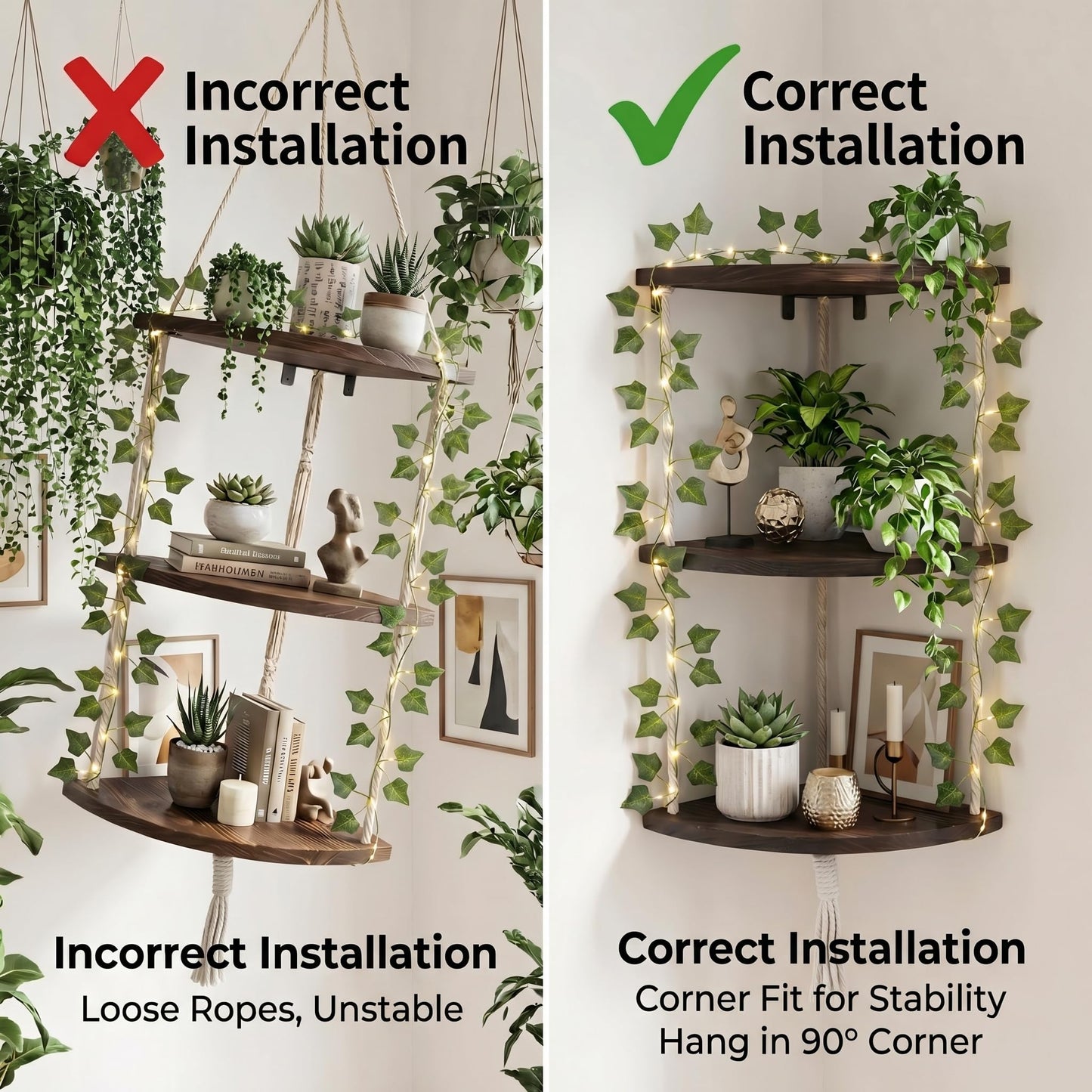 REFGY 3-Tier Corner Floating Shelves with Aesthetic Greenery & Fairy Lights - Premium Wood-Textured Boho Wall Hanging Shelf - Stable L-Bracket Support for Home Decor, Office & Small Spaces