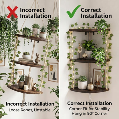REFGY 3-Tier Corner Floating Shelves with Aesthetic Greenery & Fairy Lights - Premium Wood-Textured Boho Wall Hanging Shelf - Stable L-Bracket Support for Home Decor, Office & Small Spaces