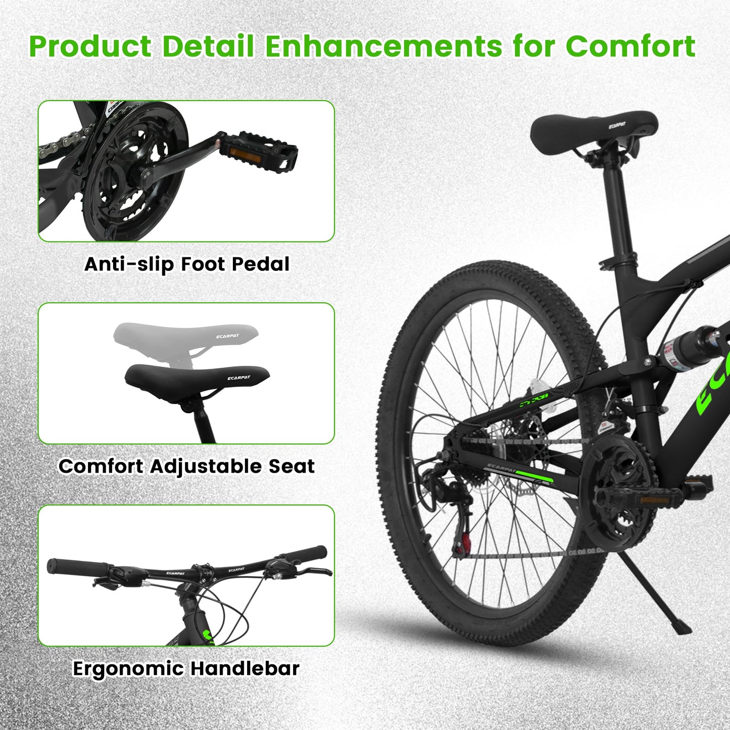 26 Inch Mountain Bike, 21-Speed Mountain Bicycle with Full Suspension and Dual Disc Brakes Thumb Shifter, High Carbon Steel Frame MTB Bike for Teenagers Adult Men Women Trail Commuter, Black-Green