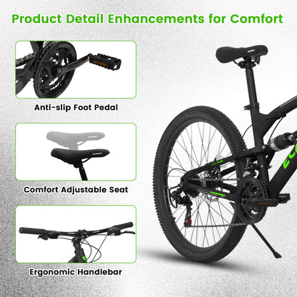 26 Inch Mountain Bike, 21-Speed Mountain Bicycle with Full Suspension and Dual Disc Brakes Thumb Shifter, High Carbon Steel Frame MTB Bike for Teenagers Adult Men Women Trail Commuter, Black-Green