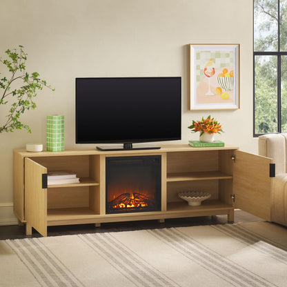Walker Edison Arundo Reeded TV Stand with Fireplace & Storage, 70" Fireplace, Coastal Oak