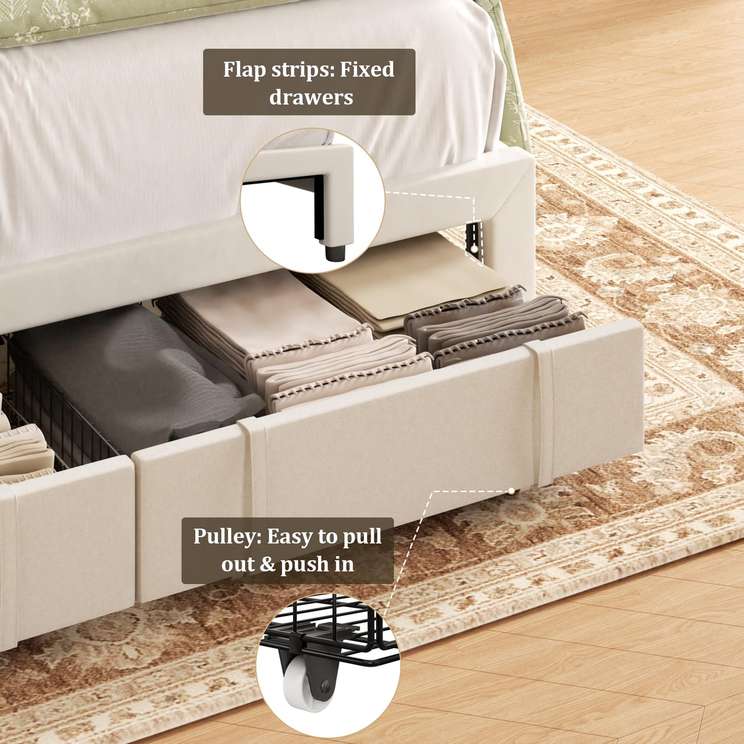 viplov King Bed Frame with Storage Drawers, Velvet Upholstered Platform Bed with 47" Tall Headboard and Wingboard, No Box Spring Needed, No Noise, Easy Assembly, Wooden Support Slats, Beige